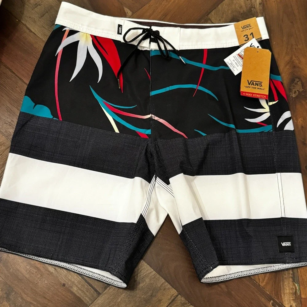 VANS off the Wall Mens Swim Trunks Board Shorts Black Floral Size‎ 32 Pocket New